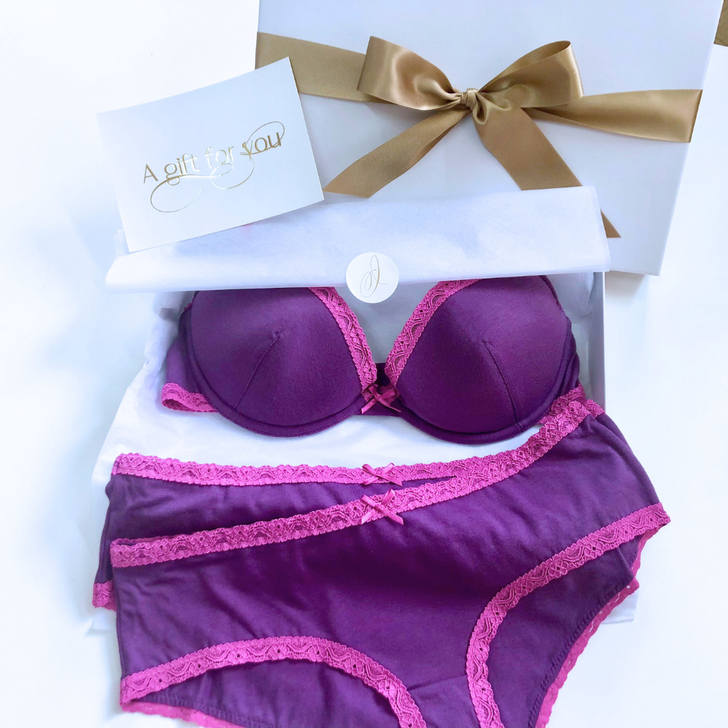 Adore Purple Padded Plunge Bra and 2 Shorts in a Gift Box with Gold Ribbon. Lingerie Gift Set with Gift Card.