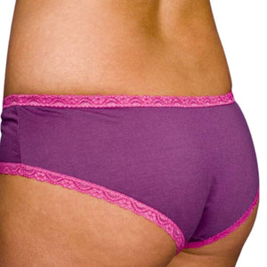 Adore Short Purple with Pink Lace Back on Sarah Model