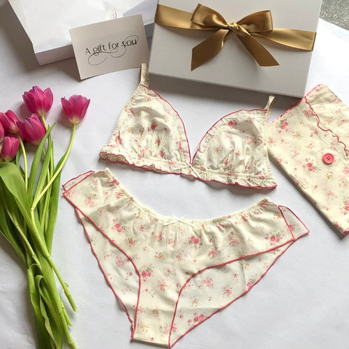 Floral Cotton Lingerie Gift Set - Non-wired Bra, Short and Lingerie Bag in a Gift Box (8 to 16) Irresistible Lingerie Ltd